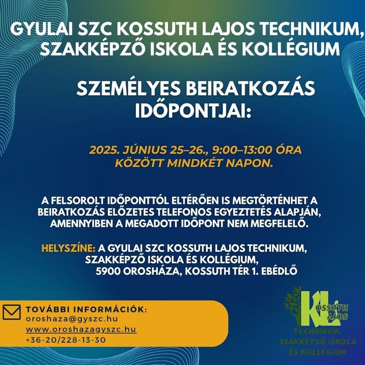 SZEMÉLYES BEIRATKOZÁS IDŐPONTJAI: